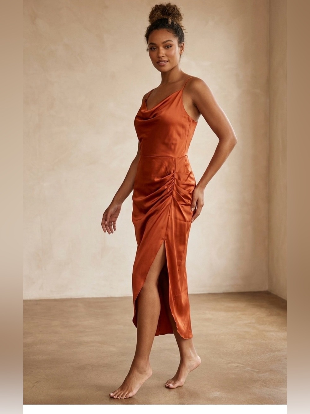 LYANER SEXY Burnt Orange Satin Cowl Neck Ruched Midi Dress XXL